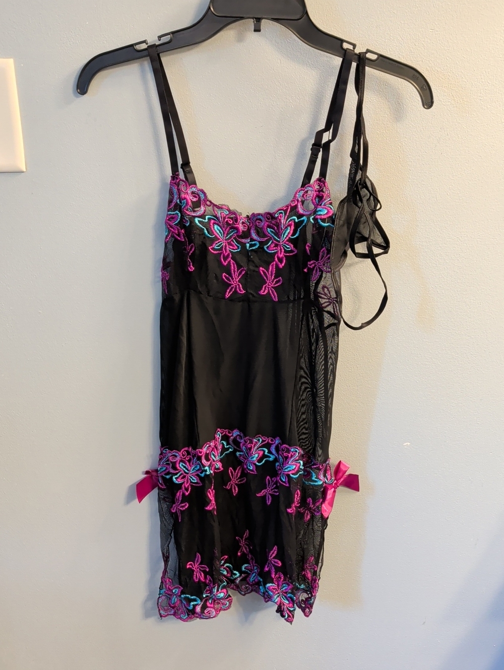 🍉Black Floral Embroidered Chemise with Pink & Teal Accents